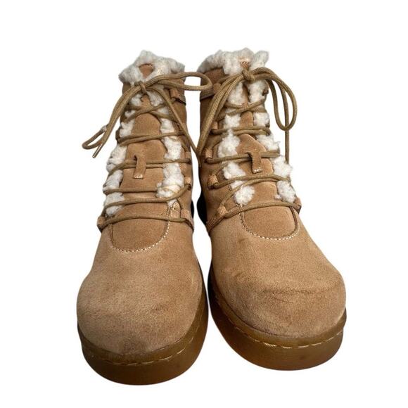 Vtg Y2K Report Tan Suede Fur Rubber Chunky Heel Ankle Boots Womens Sz 7.5 90s - Picture 11 of 16